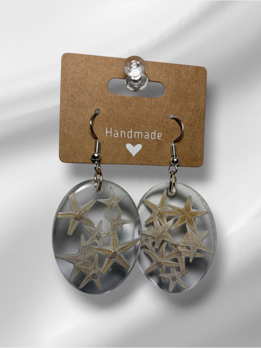 Handmade Starfish Resin Dangle Earrings - Clear & Beige